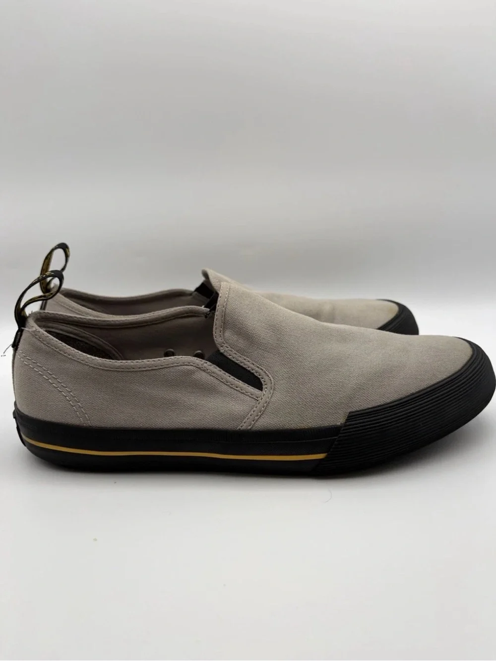 Dr. Martens Beige Canvas Slip-On Loafers with Black Sole and Gold Stripe